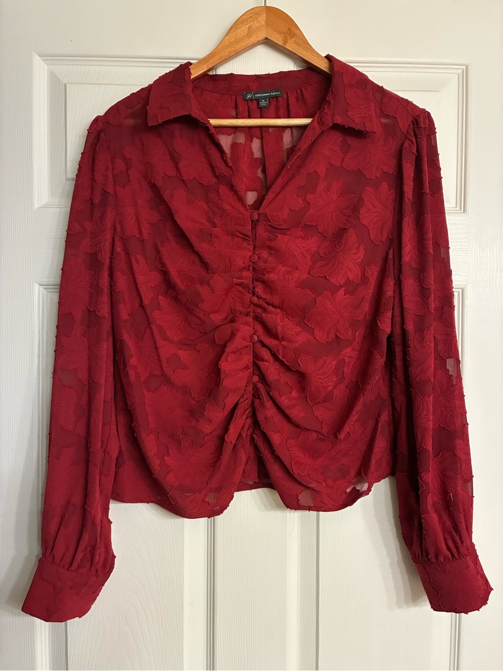 Adrianna Papell Red Floral Burnout Ruched Front Blouse